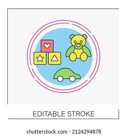 Game concept line icon. Entertainment toy blocks with symbols and tooth rattle. Baby products. Childhood. Vector isolated conception metaphor illustration.Editable stroke