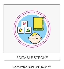 Game concept line icon. Entertainment toy blocks with symbols and tooth rattle. Baby products. Childhood. Vector isolated conception metaphor illustration.Editable stroke
