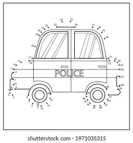 Game connect by dots and numbers drawing. Activity coloring page with cartoon police car. Kids worksheet. Dot to dot game.
