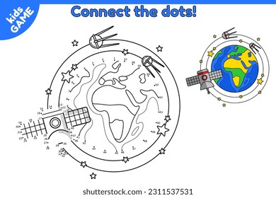 Game connect the dots and draw the cartoon planet Earth with probe and satellites in space. Activity book for children. Puzzle for preschool and school kids. Vector globe of solar system in cosmos.