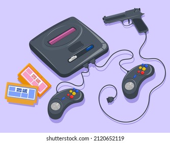 Consola de juegos y accesorios de los años noventa en un fondo lila