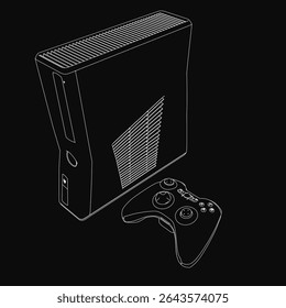 Game console in black and white line art style, featuring a detailed joystick, isolated on a dark background for contrast. The minimalist drawing highlights the sleek design of the gaming device.