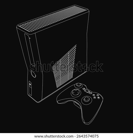 Game console in black and white line art style, featuring a detailed joystick, isolated on a dark background for contrast. The minimalist drawing highlights the sleek design of the gaming device.