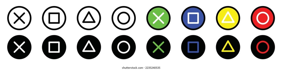 Game console buttons icon set. Cross, square, triangle, and circle buttons on game joystick controller icon in flat and outline style for apps and websites, symbol vector illustration