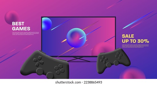 Consola de juegos con gamepads y pantalla grande en el fondo del espacio abstracto