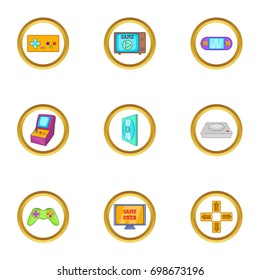 Game console icon set. Cartoon style set of 9 game console vector icons for web isolated on white background