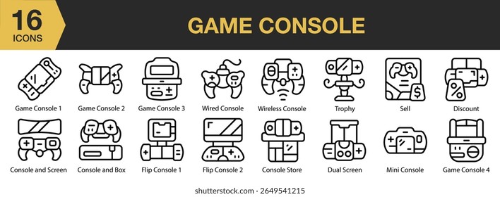 Game Console icon set. Includes console, joystick, technology, game, gaming, and More. Outline icons vector collection.