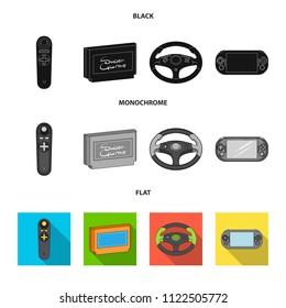 Game console and joystick black, flat, monochrome icons in set collection for design.Game Gadgets vector symbol stock web illustration.