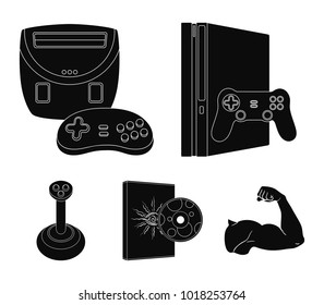 Game console, joystick and disc black icons in set collection for design.Game Gadgets vector symbol stock web illustration.