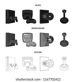 Game console, joystick and disc black,monochrome,outline icons in set collection for design.Game Gadgets vector symbol stock web illustration.