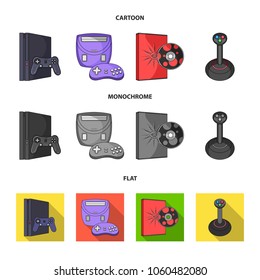 Game console, joystick and disc cartoon,flat,monochrome icons in set collection for design.Game Gadgets vector symbol stock web illustration.