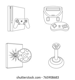 Game console, joystick and disc outline icons in set collection for design.Game Gadgets vector symbol stock web illustration.