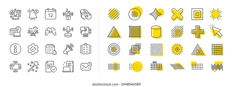 Game console, Joystick gamepad and Quiz report set. Design shape elements. Tech line icons. Microphone tech, Radio set and Report reminder icons. Annual calendar, supply chain and notice alert. Vector