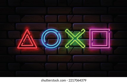 Game Console Joystick Glowing Neon Buttons Signs. Bright Signboard. Light Banner. Easy to Edit. Vector Illustration