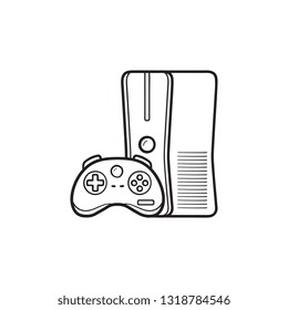Spielkonsole mit Joystick, handgezeichnet Umriss-Symbol. Home Console, Video-Spielkonsole Konzept. Vektorgrafik-Illustration für Druck, Web, Mobile und Infografiken auf weißem Hintergrund.