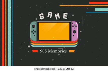 Game Console Joystick - vector retro vintage design style game controller stick with abstract object game button emblems around it. Old game console