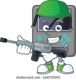 Spielkonsole Maskottdesign in Armeeuniform mit Maschinengewehr