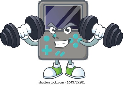 Game console mascot icon on fitness exercise trying barbells
