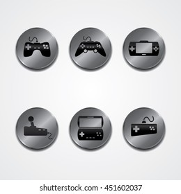 game console metal plate theme icon button set vector art illustration
