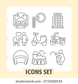 Consola de juegos, madre y cochecito, casco conjunto de iconos simples que representan viajes, familia, finanzas y artículos diarios en estilo de contorno para App e impresión sobre fondo blanco. Conjunto de nueve iconos de línea delgada