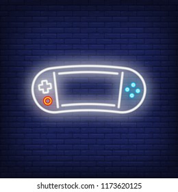 Game console neon icon. Portable play station with screen and buttons on brick wall background. Gaming industry concept. Vector illustration can be used for neon signs, billboards, game arcades.