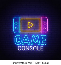 Game console neon sign, bright signboard, light banner. Gamer logo, emblem. Vector illustration