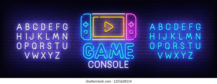 Game console neon sign, bright signboard, light banner. Game logo. Neon sign creator. Neon text edit. Design template. Vector illustration