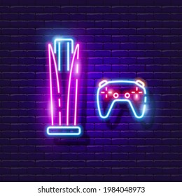 Game console neon sign. Vector illustration for design. Entertainment concept. Leisure gadget.