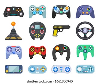 Game console objects. Vintage playing joystick, gamer devices. Gaming player set, joy video games gadgets. Isolated entertainment controllers vector icons