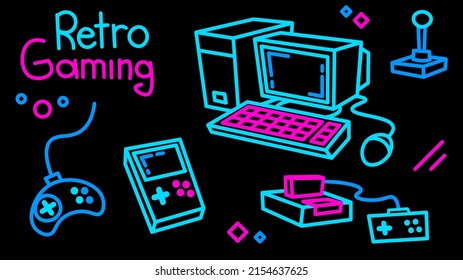 Game console, old computer and joysticks in neon style isolated on black background. Retro gaming 80s outline illustration.