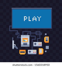 Game console pixel art isolated abstract vector illustration. Retro computer, diskette, joystick. Retro 80s game assets. Old school computer icons set. 