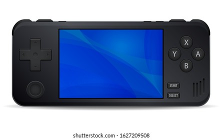 Game console portable handheld black icon isolated on background. Multimedia or Computer Video Games portable hand held retro game console. Vector illustration