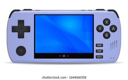 Game console portable handheld light violet icon isolated on background. Multimedia or Computer Video Games portable hand held retro game console. Vector illustration