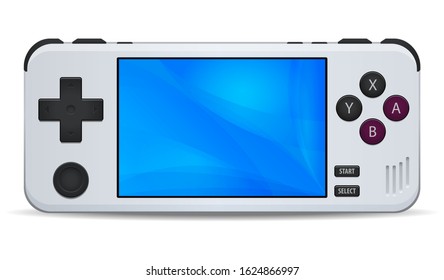 Game console portable handheld white icon isolated on background. Multimedia or Computer Video Games portable hand held retro game console. Vector illustration