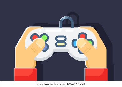 Game console retro games player hands joystick flat controller icon isolated vector illustration