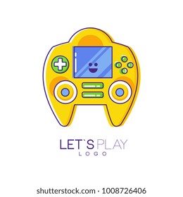 Game console with screen and buttons. Electronic gadget. Linear emblem with yellow fill. Colorful vector design for logo, mobile app or developer company
