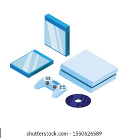 Game Console Set, Joystick Cd And Cd Case In Isometric Illustration Editable Vector