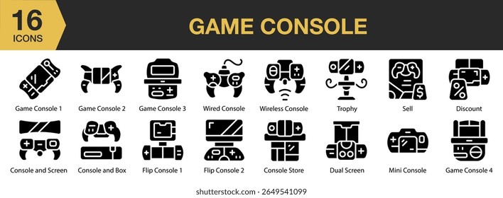 Game Console solid icon set. Includes console, joystick, technology, game, gaming, and More. Solid icons vector collection.