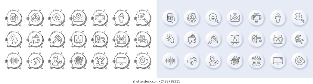 Game console, Sound wave and Digital wallet line icons. White pin 3d buttons, chat bubbles icons. Pack of Yoga music, Computer, Brush icon. Vector