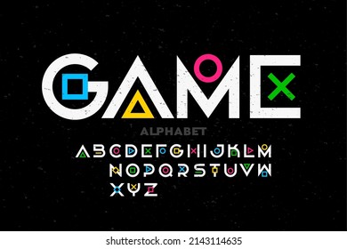 Diseño de fuentes de estilo de juego de computadora, ilustración de vector de letras alfabéticas