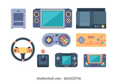 game console. video gaming devices 80s retro for video players geek gamepads controllers fun. vector computer items