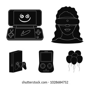 Game console and virtual reality black icons in set collection for design.Game Gadgets vector symbol stock web illustration.