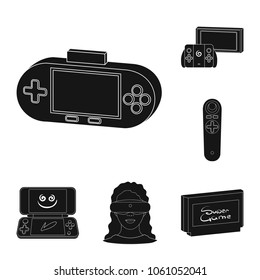 Game console and virtual reality black icons in set collection for design.Game Gadgets vector symbol stock web illustration.