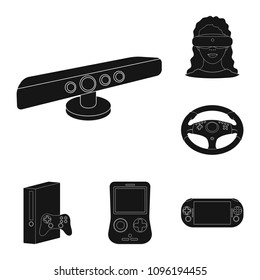 Game console and virtual reality black icons in set collection for design.Game Gadgets vector symbol stock web illustration.