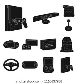 Game console and virtual reality black icons in set collection for design.Game Gadgets vector symbol stock web illustration.