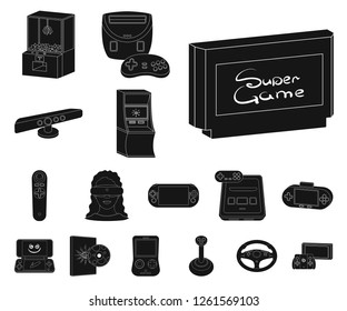 Game console and virtual reality black icons in set collection for design.Game Gadgets vector symbol stock web illustration.
