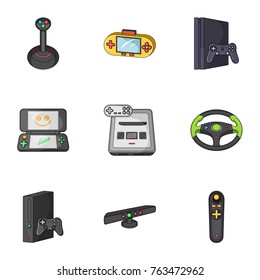 Game console and virtual reality cartoon icons in set collection for design.Game Gadgets vector symbol stock web illustration.