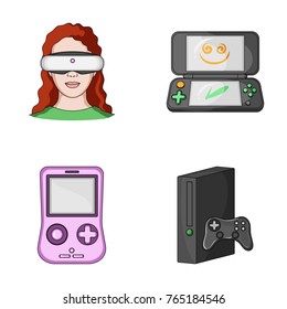 Game console and virtual reality cartoon icons in set collection for design.Game Gadgets vector symbol stock web illustration.