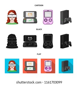 Game console and virtual reality cartoon,black,flat icons in set collection for design.Game Gadgets vector symbol stock web illustration.