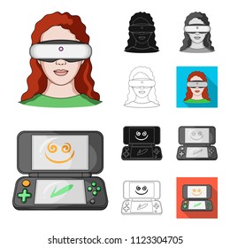 Game console and virtual reality cartoon,black,flat,monochrome,outline icons in set collection for design.Game Gadgets vector symbol stock web illustration.